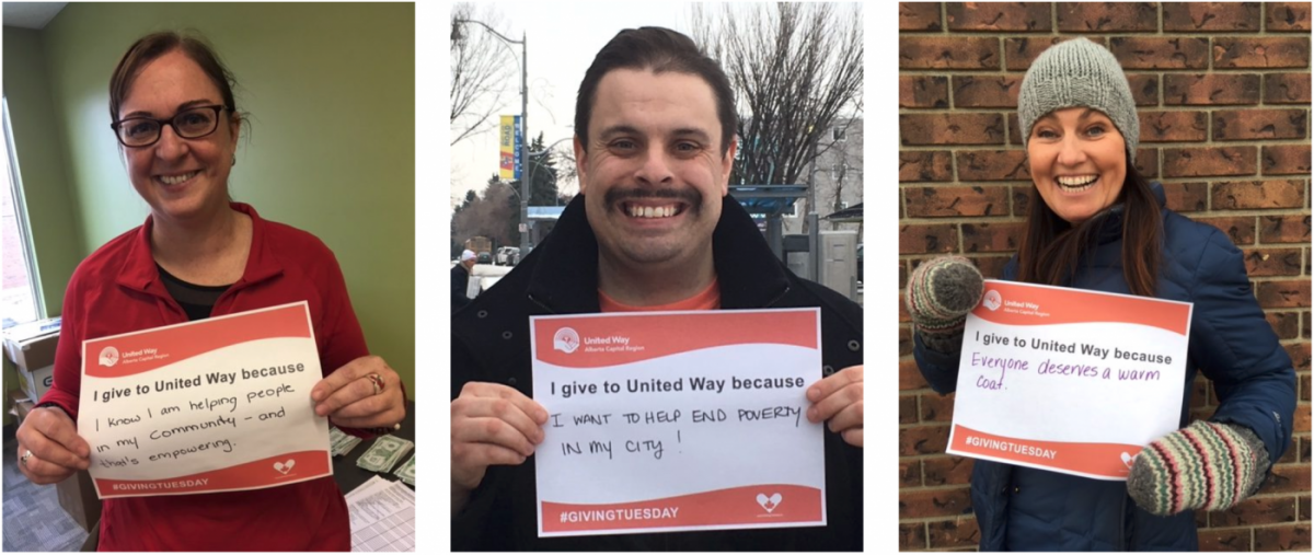a collage of people holding #givingtuesday signs