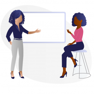 Illustration of two black women talking in an office setting