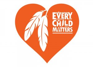 Every Child Matters text within an orange heart with feathers