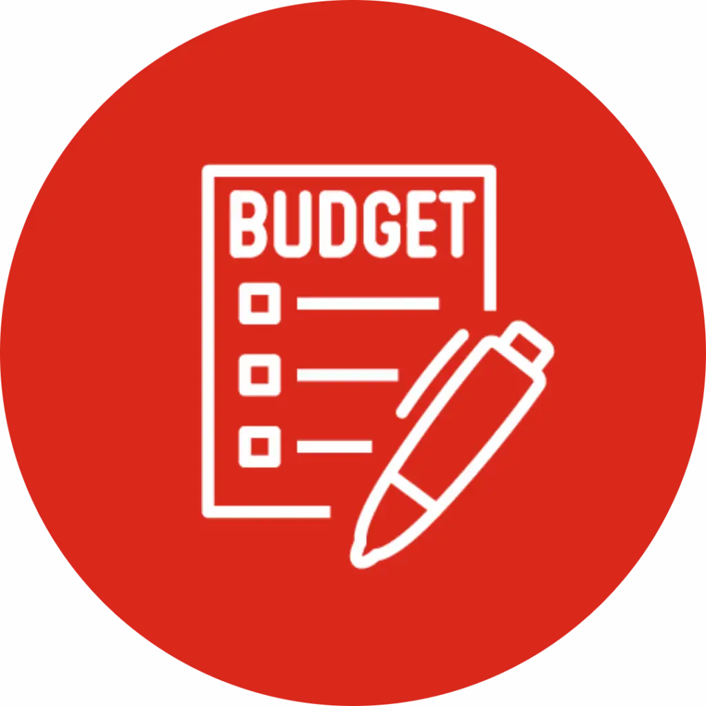 A white-outlined icon of a budget sheet in pen appears against a red background.