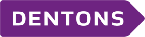 The Dentons brand mark shows the word "Dentons" in white uppercase text over a purple, rectangular arrow pointing to the right.