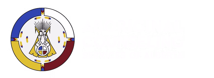 Aboriginal Counseling Services of Alberta logo featuring a stylized teepee adorned with traditional Indigenous symbols, including a medicine wheel and feather motifs, encircled by the organization's name in bold, uppercase letters.