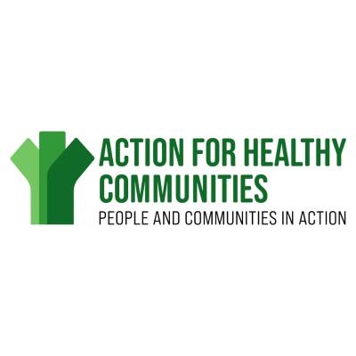 Action for Healthy Communities logo featuring three overlapping green arrows pointing upward and to the right, symbolizing growth and community development, accompanied by the organization's name in bold, uppercase letters.