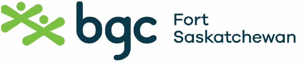 BGC Fort Saskatchewan logo featuring two stylized green figures forming an abstract 'X' shape, symbolizing connection and community, accompanied by the organization's name in bold, uppercase letters.
