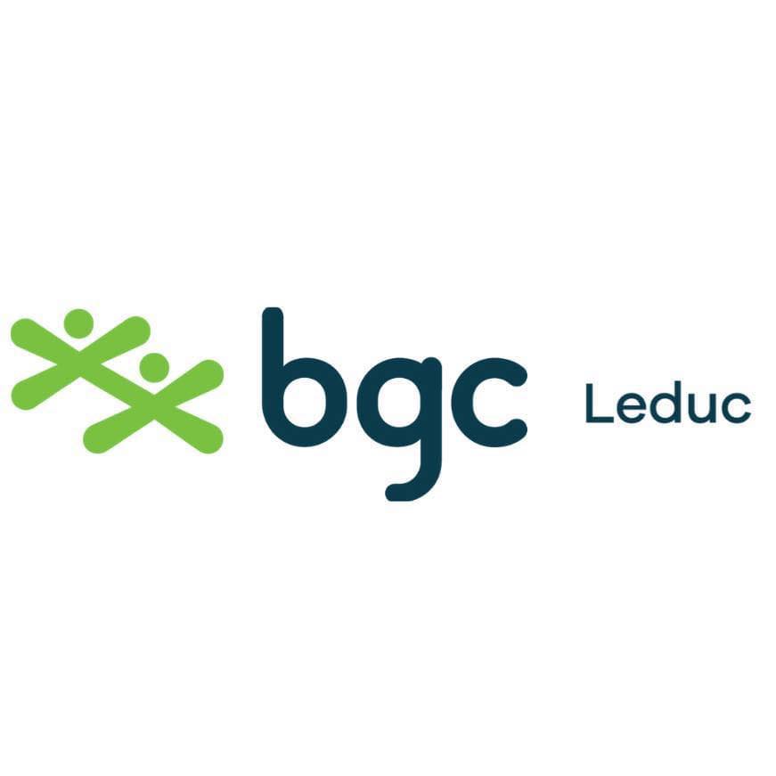BGC Leduc logo featuring a stylized green figure with outstretched arms, symbolizing youth empowerment and community support, accompanied by the organization's name in bold, lowercase letters.