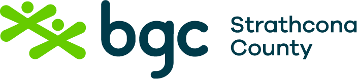BGC Strathcona County logo featuring two stylized green figures forming an abstract 'X' shape, symbolizing connection and community, accompanied by the organization's name in bold, uppercase letters.