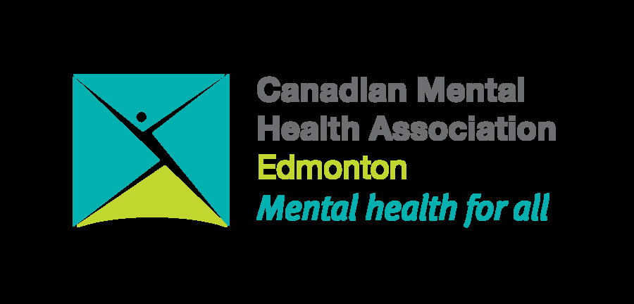 Canadian Mental Health Association Edmonton Region logo featuring a stylized white figure with outstretched arms forming an 'X' shape, set against a square background divided diagonally into teal and lime green sections, accompanied by the organization's name in bold, uppercase letters.