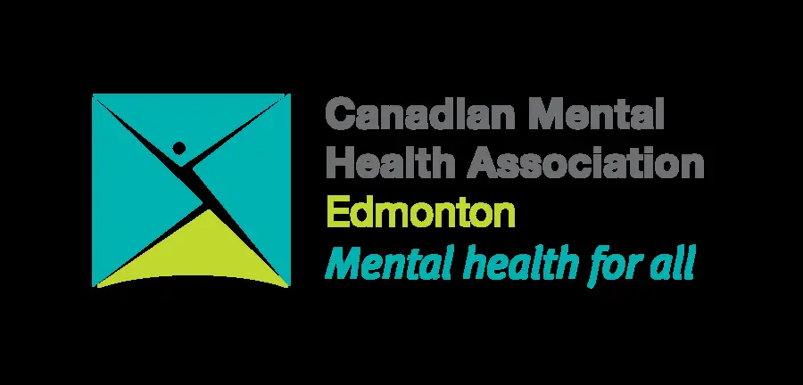 Canadian Mental Health Association Edmonton Region logo featuring a stylized white figure with outstretched arms forming an 'X' shape, set against a square background divided diagonally into teal and lime green sections, accompanied by the organization's name in bold, uppercase letters.