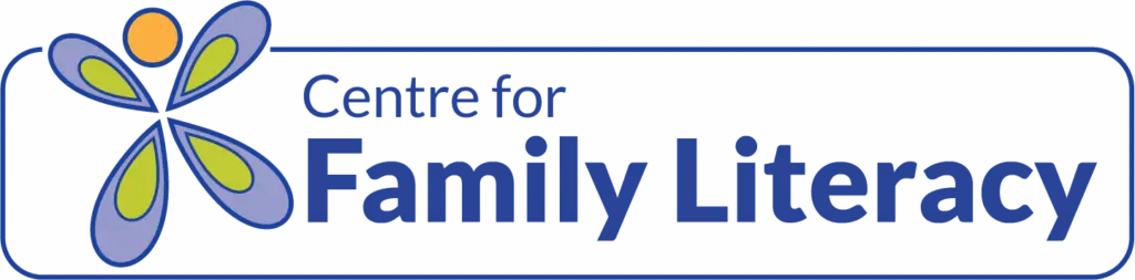 Centre for Family Literacy logo featuring a stylized figure composed of teardrop-shaped elements in blue, green, and purple, arranged to form a person with outstretched arms, symbolizing growth and learning, centered within a circular design.