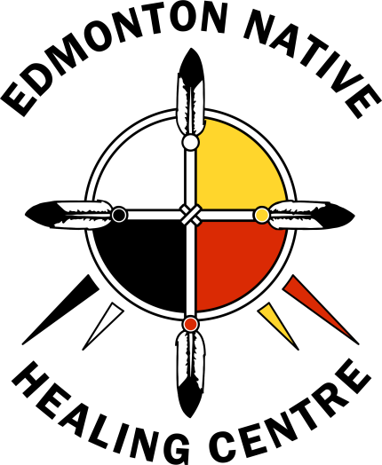 Edmonton Native Healing Centre logo featuring a traditional medicine wheel divided into four quadrants—black, red, yellow, and white—each bordered by a feather, symbolizing Indigenous cultural teachings and holistic healing, encircled by the organization's name in bold, uppercase letters.