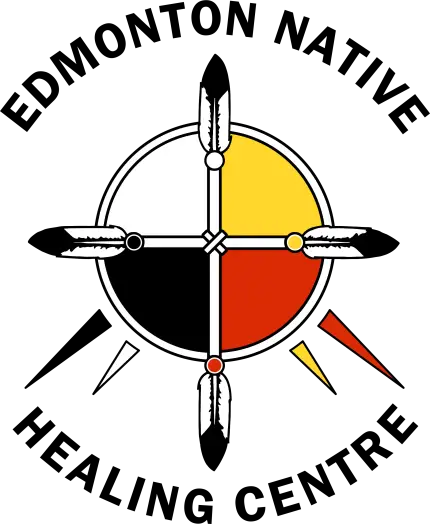 Edmonton Native Healing Centre logo featuring a traditional medicine wheel divided into four quadrants—black, red, yellow, and white—each bordered by a feather, symbolizing Indigenous cultural teachings and holistic healing, encircled by the organization's name in bold, uppercase letters.