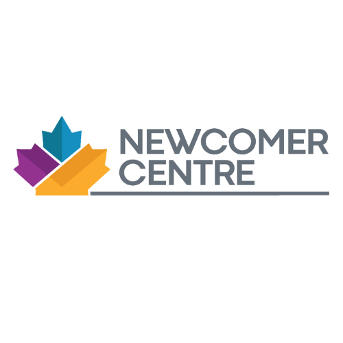 Newcomer Centre logo featuring three stylized maple leaves in purple, teal, and orange, arranged in a dynamic, overlapping formation to the left of the organization's name in bold, uppercase letters, symbolizing diversity, unity, and support for newcomers.