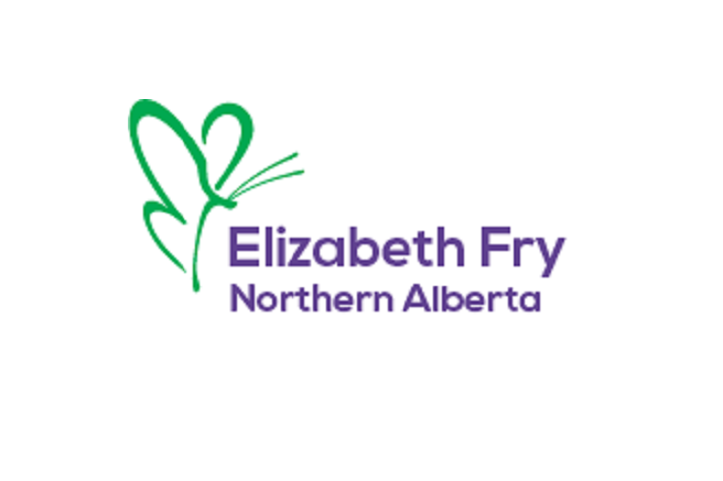 Elizabeth Fry Society of Northern Alberta logo featuring a stylized purple butterfly with open wings, symbolizing transformation and empowerment, accompanied by the organization's name in bold, uppercase letters.