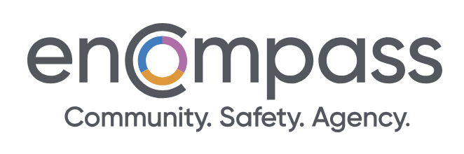 enCompass Community Safety Agency logo featuring the organization's name in lowercase letters, accompanied by a stylized design symbolizing guidance and community support.