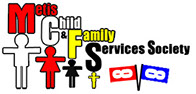 Métis Child, Family and Community Services logo featuring a stylized human figure in brown, reaching upward, encircled by a vibrant, multicolored ring of green and red motifs, symbolizing growth, unity, and cultural heritage, accompanied by the organization's name in bold, uppercase letters.