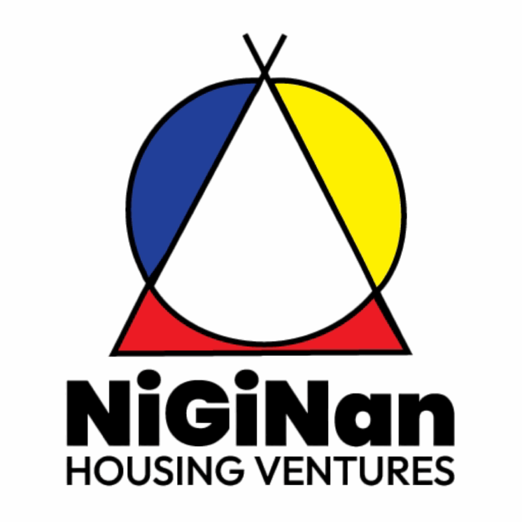 NiGiNan Housing Ventures logo featuring the organization's name in bold, uppercase letters, accompanied by a stylized design symbolizing community support and Indigenous cultural heritage.
