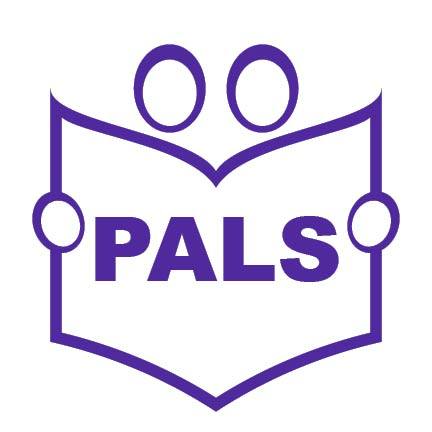 Project Adult Literacy Society (PALS) logo featuring a stylized open book outlined in purple, with the acronym 'PALS' in bold, uppercase letters centered across the pages, and two circular shapes above the book representing individuals, symbolizing learning, support, and community engagement.
