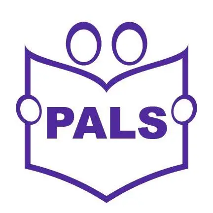 Project Adult Literacy Society (PALS) logo featuring a stylized open book outlined in purple, with the acronym 'PALS' in bold, uppercase letters centered across the pages, and two circular shapes above the book representing individuals, symbolizing learning, support, and community engagement.