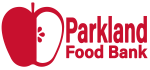 Parkland Food Bank logo featuring a stylized red apple split vertically, with the left half solid red and the right half white displaying three red seeds, symbolizing nourishment and community support, accompanied by the organization's name in bold, red uppercase letters.