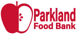 Parkland Food Bank logo featuring a stylized red apple split vertically, with the left half solid red and the right half white displaying three red seeds, symbolizing nourishment and community support, accompanied by the organization's name in bold, red uppercase letters.