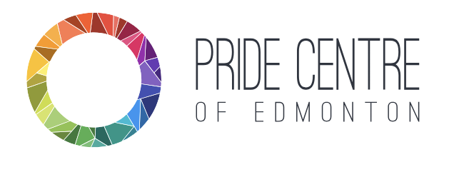 Pride Centre of Edmonton logo featuring a circular ring of multicolored, overlapping triangles forming a rainbow gradient, symbolizing inclusivity and unity, with the organization's name centered in a modern font.