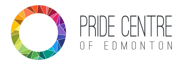 Pride Centre of Edmonton logo featuring a circular ring of multicolored, overlapping triangles forming a rainbow gradient, symbolizing inclusivity and unity, with the organization's name centered in a modern font.
