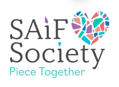 SAiF Society logo featuring a stylized heart composed of multicolored, interlocking puzzle pieces, symbolizing healing, unity, and the collaborative journey toward recovery from family violence, accompanied by the organization's name in bold, uppercase letters.