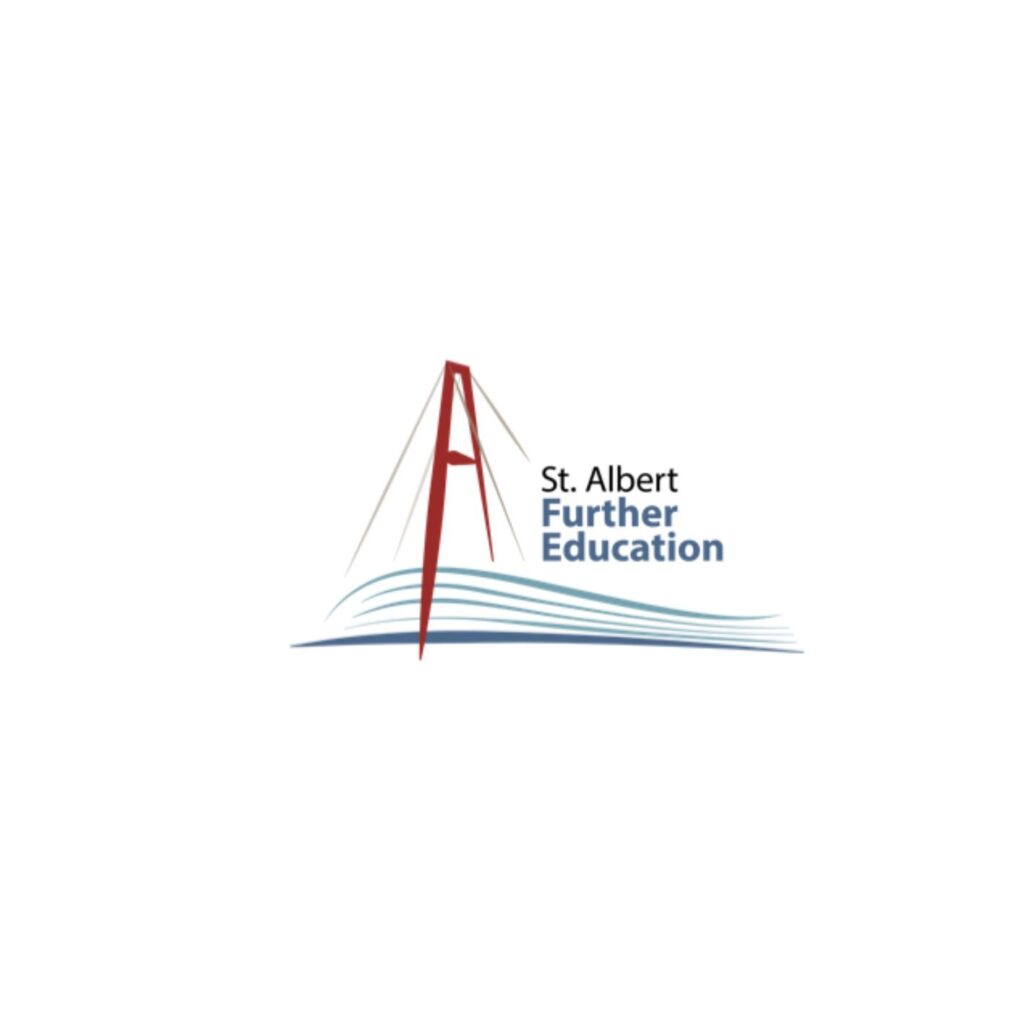 St. Albert Further Education logo featuring a stylized open book with a red maple leaf above it, symbolizing Canadian identity and lifelong learning, accompanied by the organization's name in bold, uppercase letters.