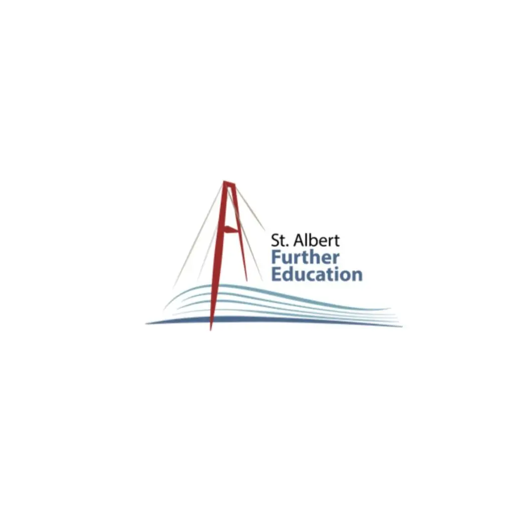 St. Albert Further Education logo featuring a stylized open book with a red maple leaf above it, symbolizing Canadian identity and lifelong learning, accompanied by the organization's name in bold, uppercase letters.