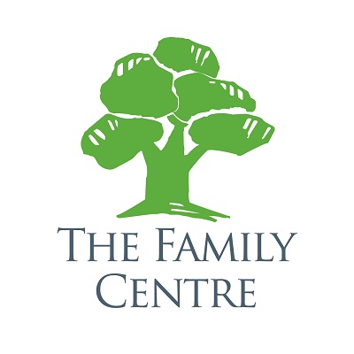 The Family Centre logo featuring a stylized green circle with a white abstract shape resembling a lowercase 'f' or a person, symbolizing support and community, accompanied by the organization's name in lowercase letters.
