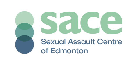 Sexual Assault Centre of Edmonton (SACE) logo featuring a stylized teal human figure with lines suggesting outreach, accompanied by the organization's name in a clean, sans-serif font.