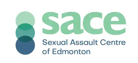 Sexual Assault Centre of Edmonton (SACE) logo featuring a stylized teal human figure with lines suggesting outreach, accompanied by the organization's name in a clean, sans-serif font.